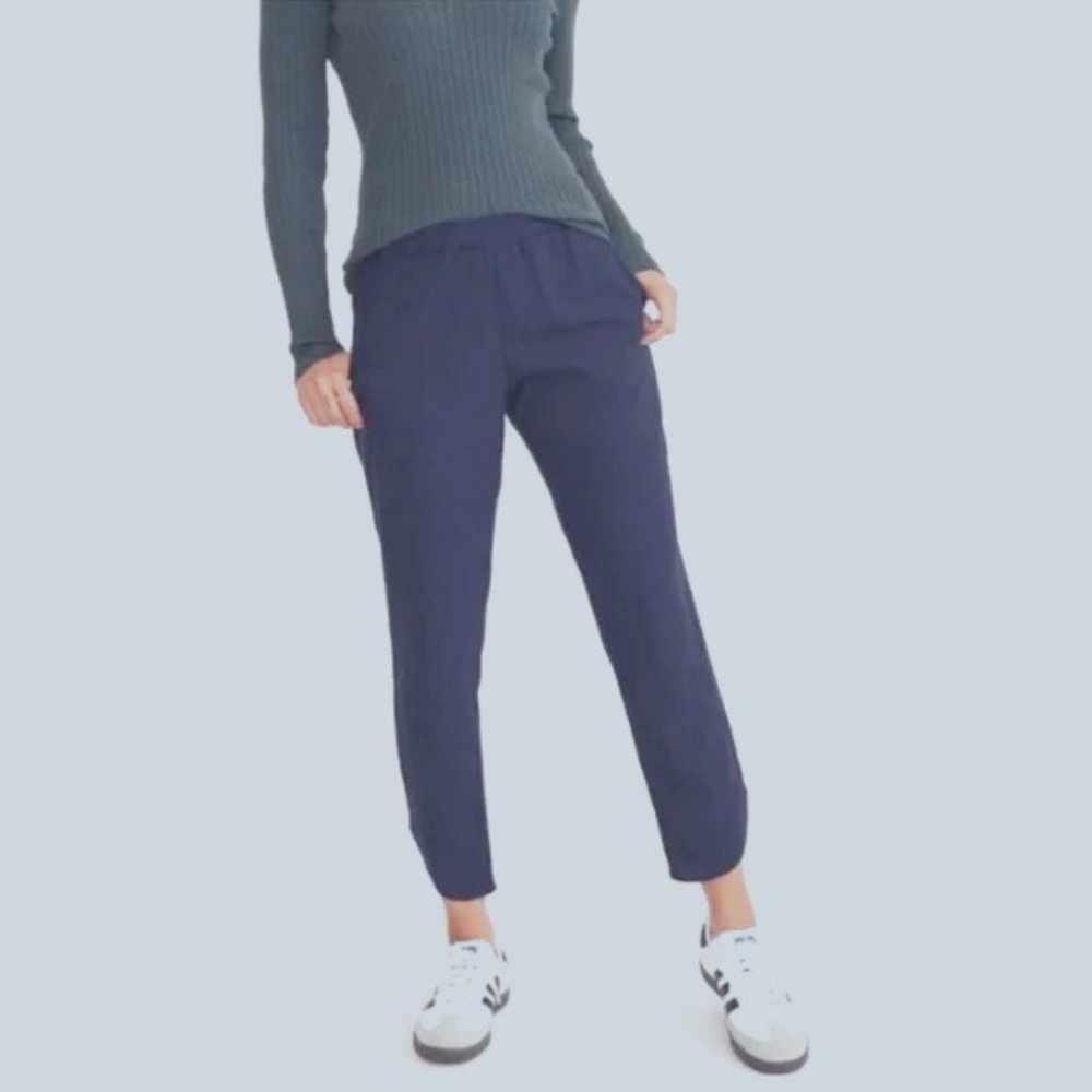 MARINE LAYER RE-SPUN ALLISON PANTS NAVY BLUE ELASTIC WAIST CURVED HEM sz S